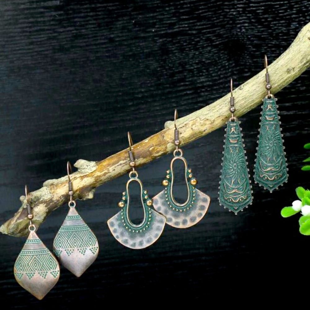 🤎🆕 🩵 3 Pair Boho Ancient Bronze Turquoise Vintage Inspired Earrings Set ✨